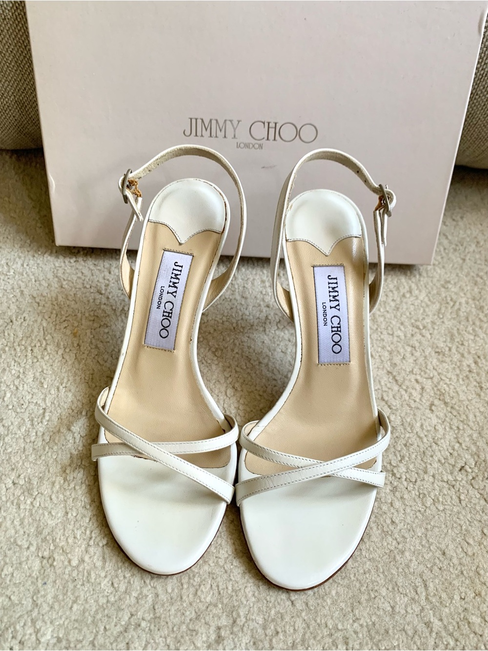 Jimmy Choo / White Leather Strap Sandals, New Tips, size 35 (US 5), Heels 3"